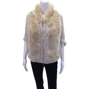 Fate. Womens Knit Faux Fur Trim Hooded Batwing Zip Up Hoodie Beige Size M